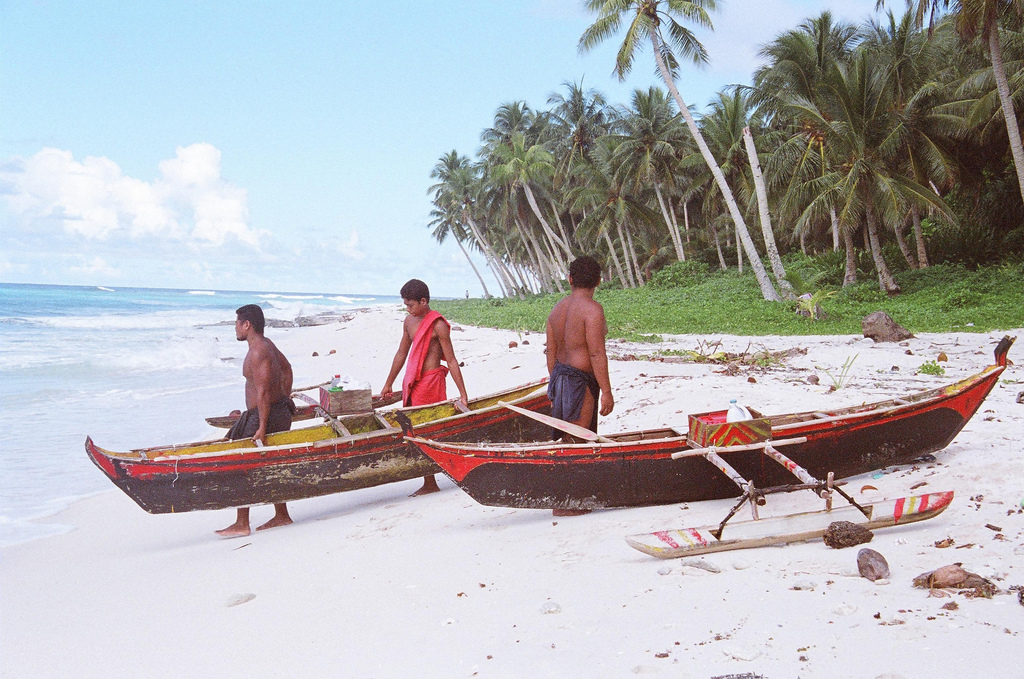 Fishing in traditional dugout canoes, Fais, the Outer Islands, Yap state, Federated States of Micronesia
